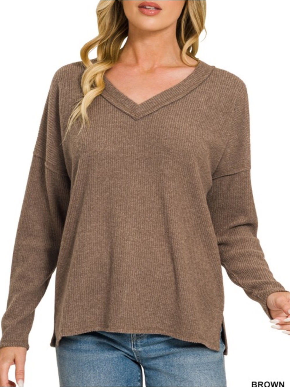 991. BROWN WOMEN’S RIBBED V-NECK DROP SHOULDER TOP